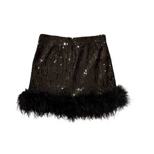 12th Tribe Black Sequin Mini Skirt with Feather Trim